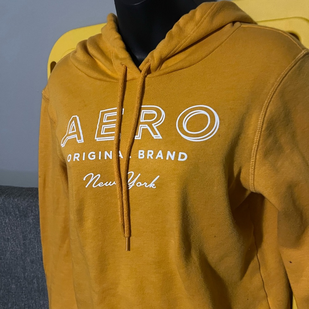 Aeropostale Men's Pullover Hoodie in Mustard Yellow with White Logo